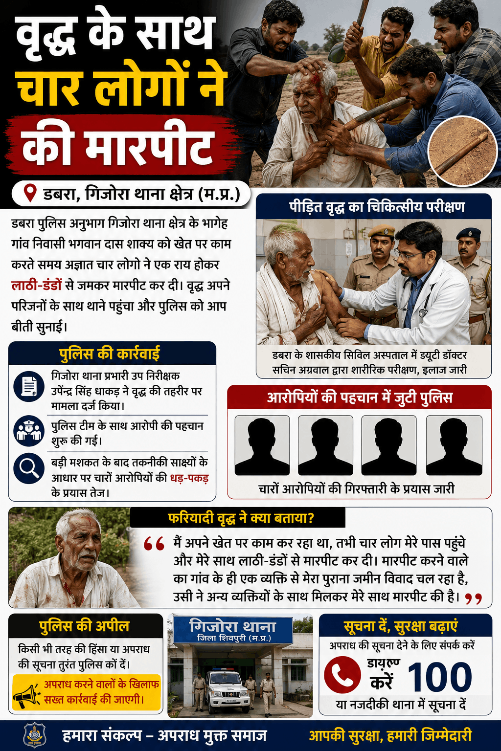 वृद्ध पर लाठी-डंडों से हमला, चार आरोपियों की तलाश