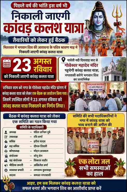 "भितरवार में 23 अगस्त को निकलेगी कांवड़ कलश यात्रा, तैयारियों को लेकर बैठक संपन्न"